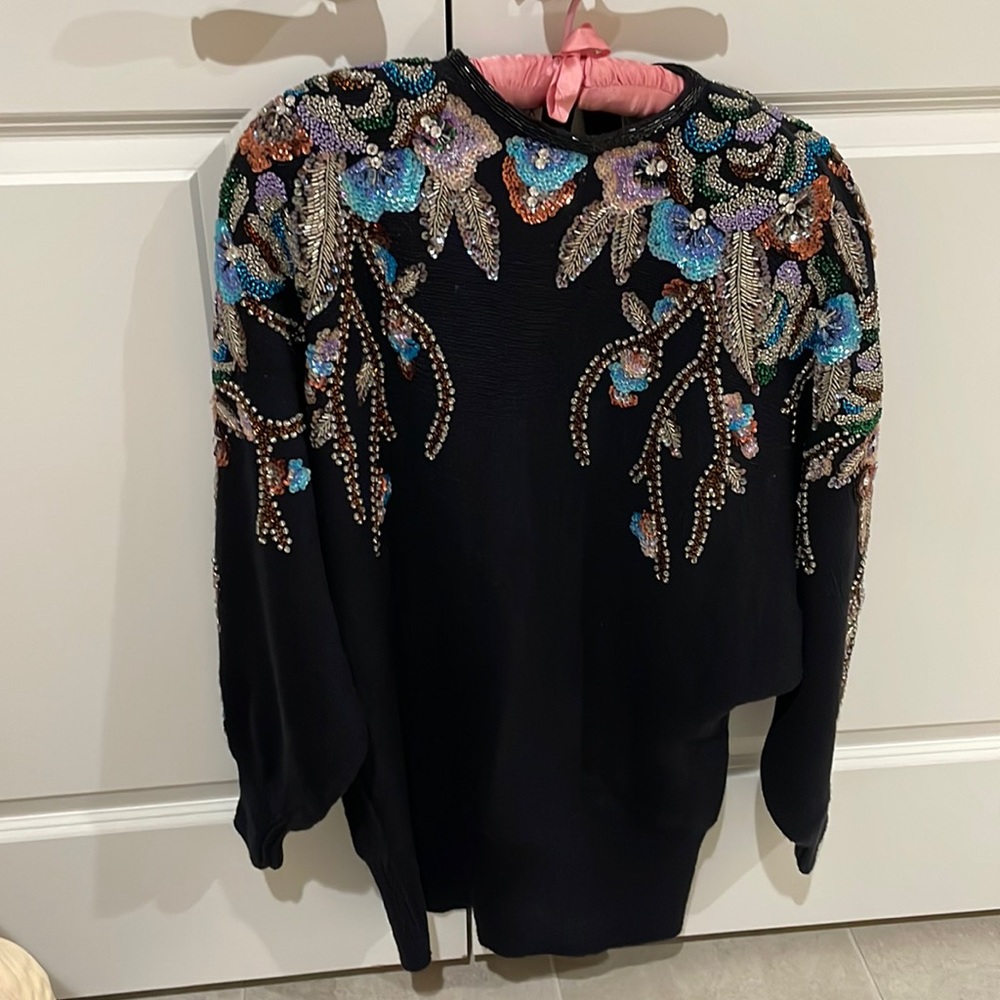 Vintage Black Sweater with Jewel Toned Sequins. Size M